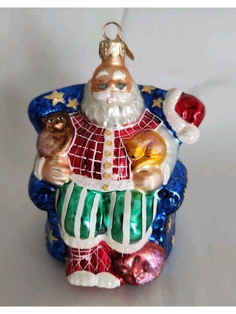 Large Christopher Radko 1998 Santa Cat Nap 7" Glass Handpainted Ornament, Mint